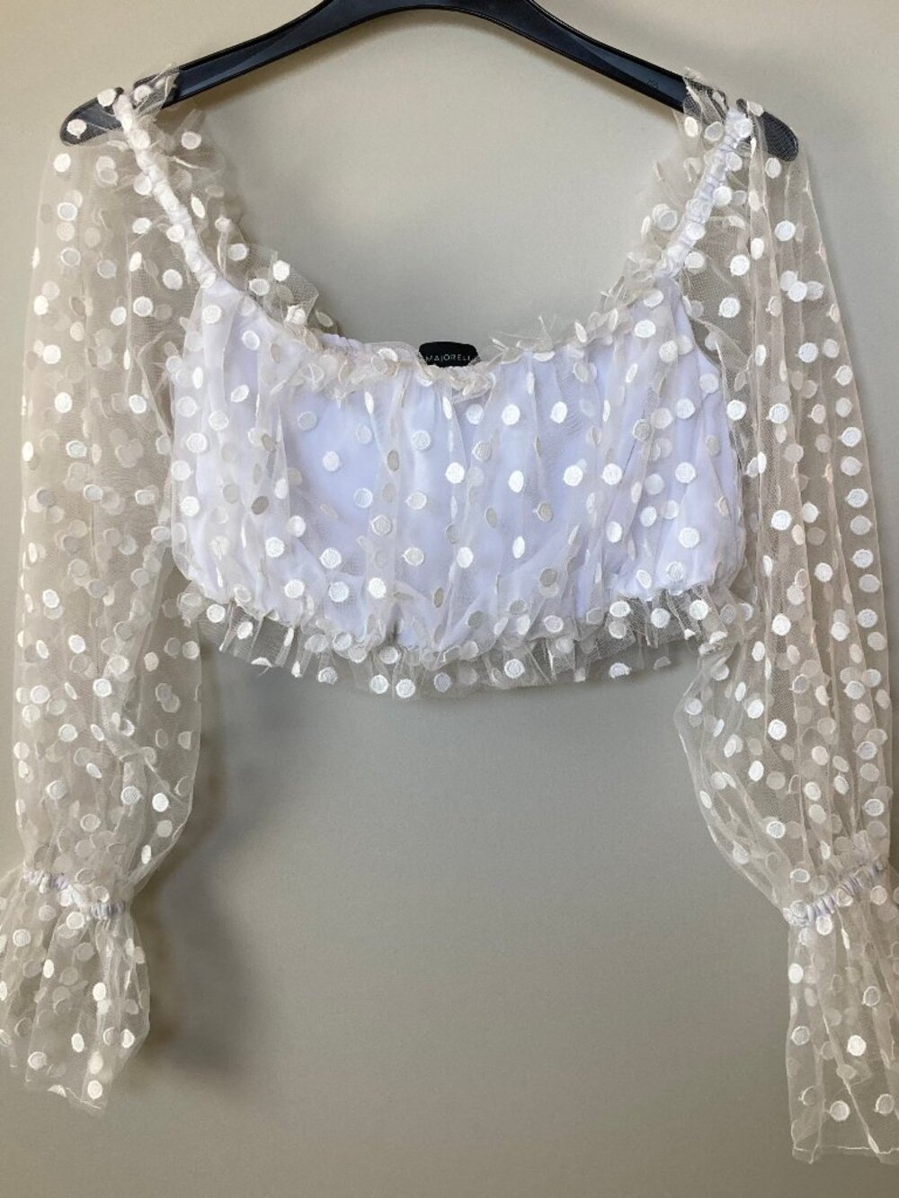 MAJORELLE Baby Bye Bye White Polka Dot Sheer Mesh Off-The-Shoulder Crop Top S